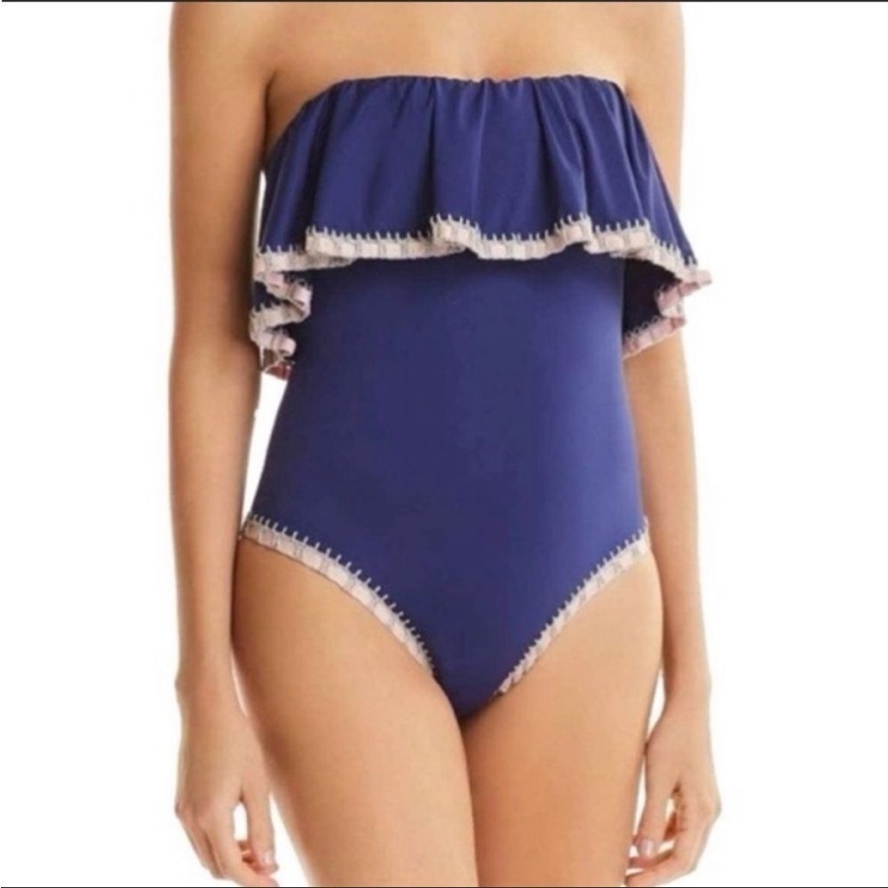 • Pilyq • Platinum Swimwear Crochet Trim Navy Flounce One Piece Swimsuit